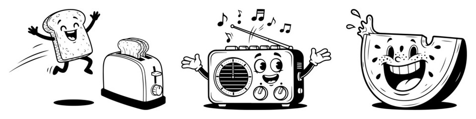 retro cartoon characters set toast radio watermelon