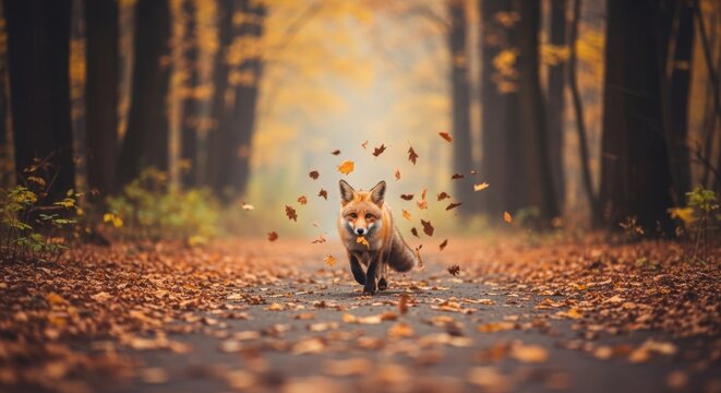 Red fox running on path in autumn forest with falling leaves around