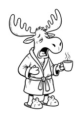 tired cartoon moose with coffee in the morning vector