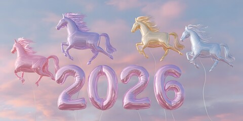 Happy New Year 2026 banner and cute horse, New Year greeting card for kids.