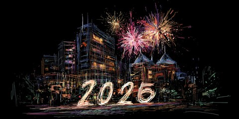 Merry Christmas and Happy New Year 2026 in sparkler font and firework fireworks pyrotechnic.