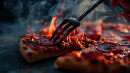 A close up of a pepperoni pizza with a fork pulling a slice away with smoke and flames around it