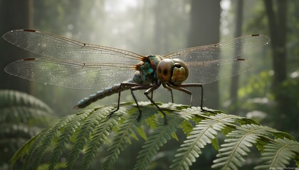Giant prehistoric dragonfly Meganeura on fern