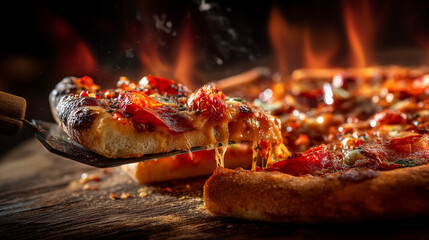 A slice of pizza being lifted with a spatula with fire in the background and a whole pizza nearby