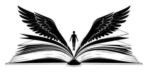 open book with wings and human silhouette vector