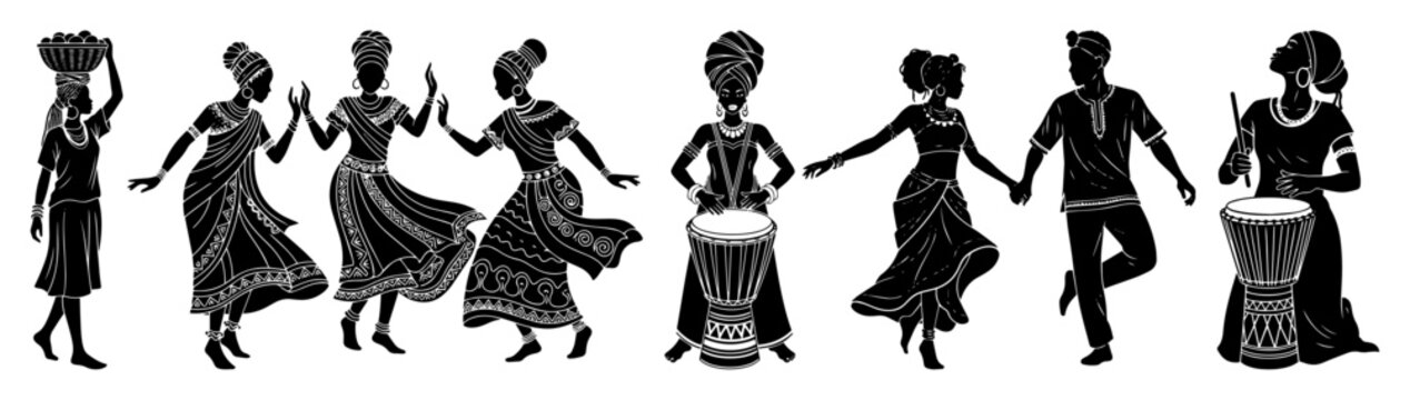 african people silhouette dancing and playing drums seamless border vector