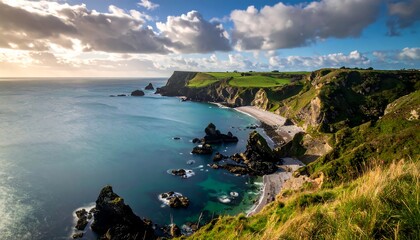 Coastal cliffs overlook a secluded beach and turquoise ocean waters.
