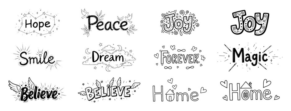 hand lettered inspirational words doodle quote set vector