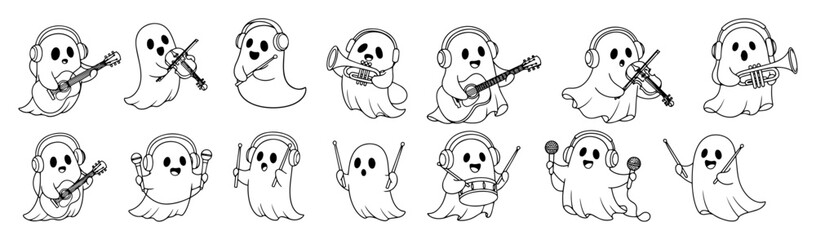 cute cartoon ghost band playing music vector set