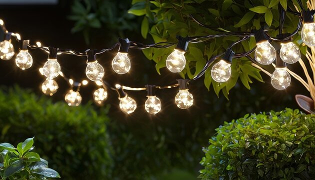 Outdoor string lights on bushes