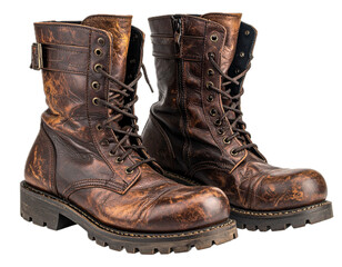 Pair of weathered brown leather pirate or biker boots isolated on transparent background