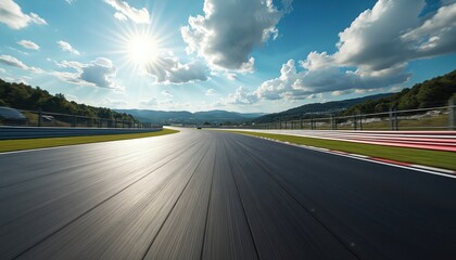 Obraz premium Racing circuit asphalt on sunny day. Mountains, green hills, blue sky with clouds. Empty race track tarmac with red and white curbs. Motion blur effect suggests speed and fast motion.
