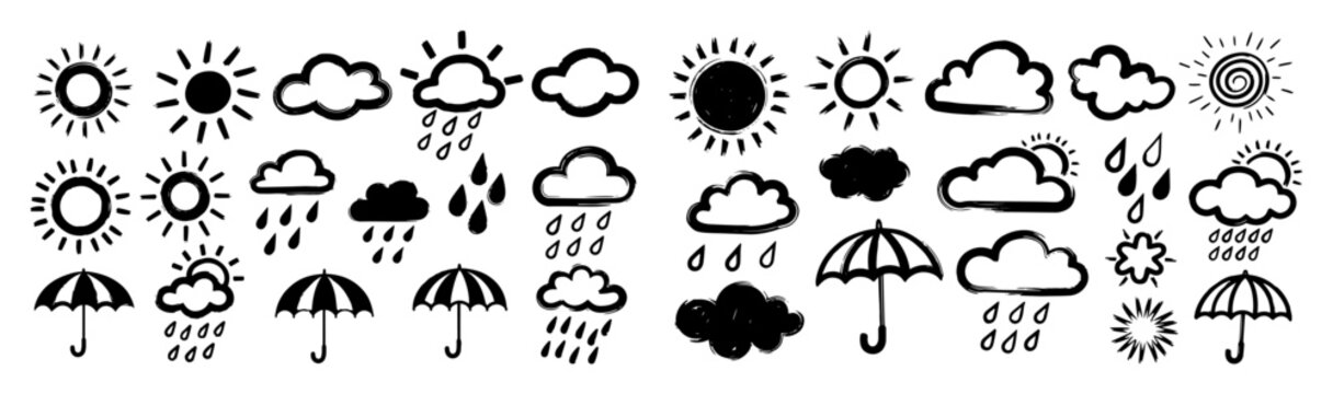 doodle weather icons sun rain cloud umbrella collection