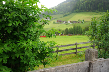 Scenic rural valley with green meadows, hills and scattered houses on a cloudy summer day