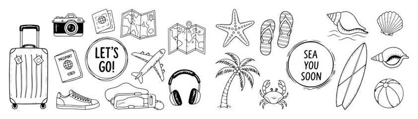summer travel beach vacation doodle icons set vector