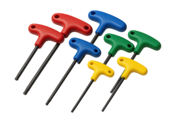 Color-coded T-handle hex wrench set for easy size identification in bike assembly.