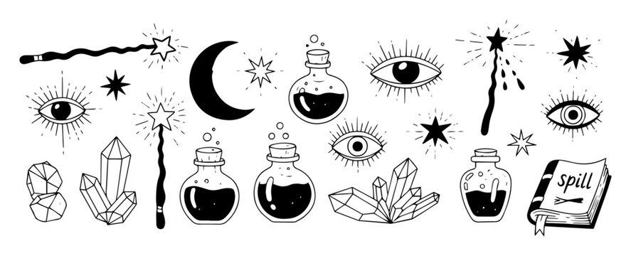 mystic magic doodle set witchy esoteric elements vector