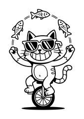 cool cat on unicycle juggling fish funny cartoon character vector