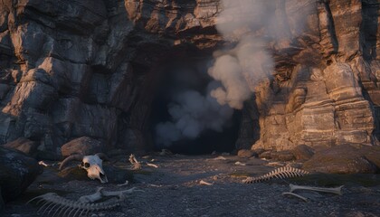 Prehistoric cave entrance with smoke and bones