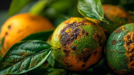 A close up shot of several oranges with leaves and some visible signs of damage or decay on the fruit