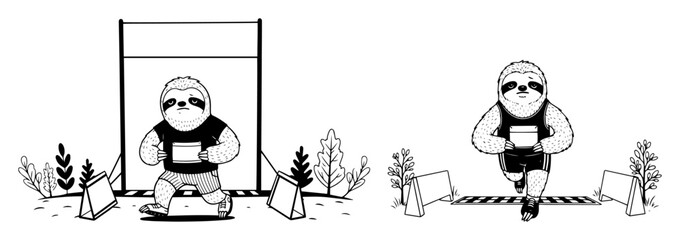 funny sloth running a race with coffee vector set