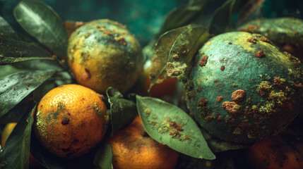 A close up of oranges and green leaves with some mold spots on the oranges in a dark setting