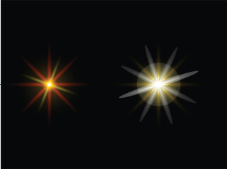 Two bright starbursts of light on a black background