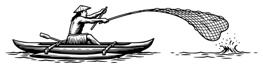 asian fisherman casting net from a boat vintage sketch vector
