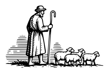 shepherd with his flock of sheep vintage woodcut illustration vector