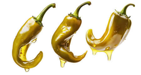 Closeup of green chili pepper coated in oil with droplets dripping from its tip isolated on transparent background. Concept of spicy and oily food fusion