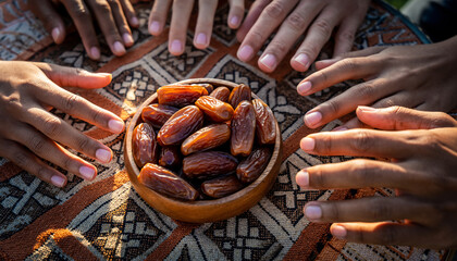 Hands reaching for a bowl of dates on patterned cloth during Ramadan
