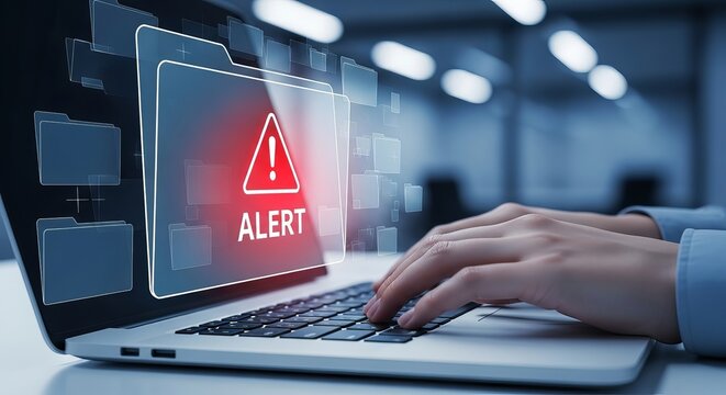 Cybersecurity alert on laptop screen with person typing