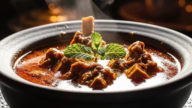 Steaming Hot Traditional Indian Mutton Curry in a Bowl.