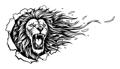 roaring lion head breaking through wall tattoo vector © Aisha Kudorova