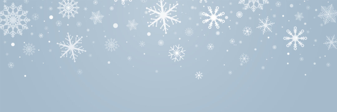 Christmas snowflake blue banner. White snowflakes frame. Happy Holiday card. Hello winter border. Color snowfall frame. Flying confetti. Celebration design. Vector illustration