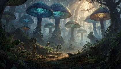 Prehistoric forest with giant mushrooms and mist