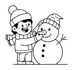 cute kid building a snowman in winter cartoon vector