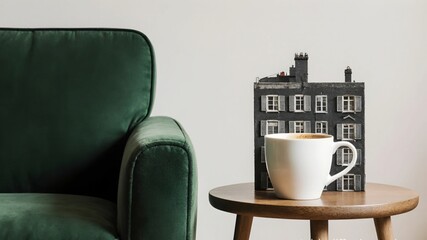 a cup of coffee on the table, beside there is a green sofa