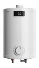White cylindrical water heater with digital display isolated on a transparent background