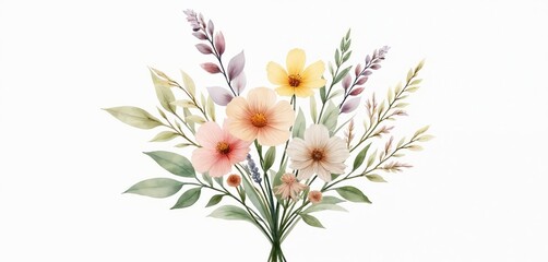 Fototapeta premium Watercolor illustration of wildflower bouquet isolated on plain white background. Elegant floral arrangement with colorful pastel flowers, fresh green leaves. Delicate botanical drawing beautiful