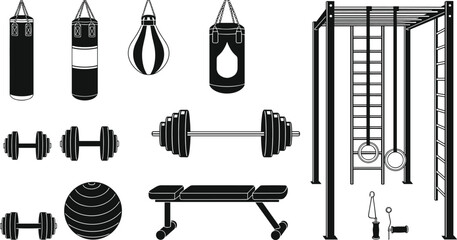 Vector illustration of gym equipment, workout training set, punching bag, barbell, dumbbell, bench, gymnastic rings, sports ladder frame, fitness ball, silhouette icon, black flat fitness design