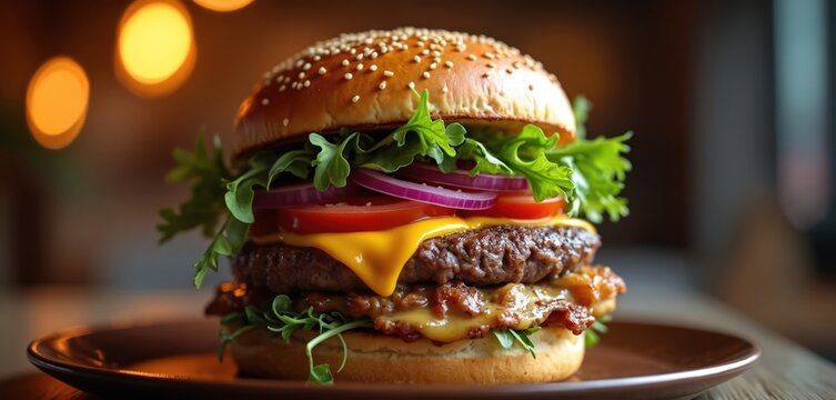Juicy hamburger with sesame seed bun, melted cheddar cheese, crisp lettuce, red onion rings, and fresh tomato slices served on a brown plate with bokeh background lights.