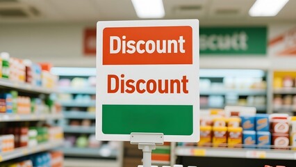 Large red and green promotional sign with the words "Discount"