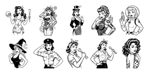 vintage pinup girl characters in various costumes set engraving vector black shape sketch