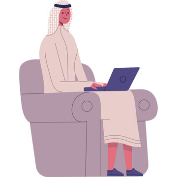 Arab Man in Traditional White Clothing Sitting on a Comfortable Armchair Typing on a Laptop Computer in a Studio Setting