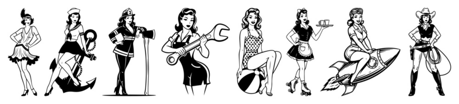big set of retro pinup girl characters in various professions engraving vector black shape sketch