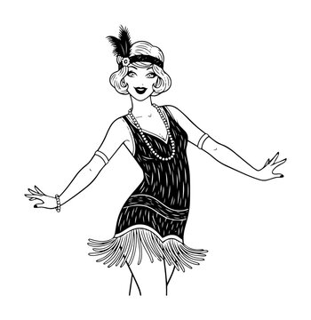 roaring twenties flapper girl dancing art deco vintage engraving vector black shape sketch