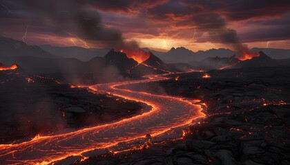 Prehistoric lava river flowing through volcanic terrain