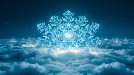 Glowing snowflake floating on clouds in the night sky with stars above it