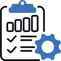 Blue and Black Graphic Bar Chart on Clipboard with Checkmarks and Gear Symbol Representing Business Analytics and Workflow Optimization on Transparent Background